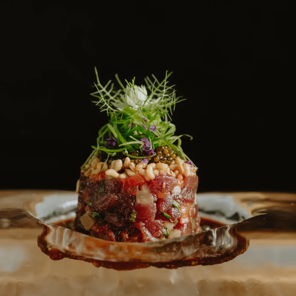 The Chu Toro Tartare at Aki London, a vibrant dish with jasmine caviar, served at our Japanese restaurant off Regent Street.