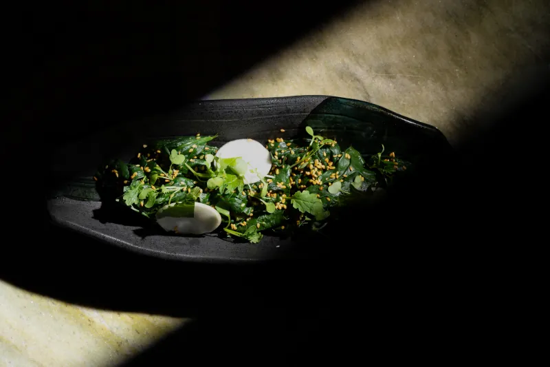 Healthy eating restaurant London - Aki Japanese superfood spinach salad with farm-to-table turnips