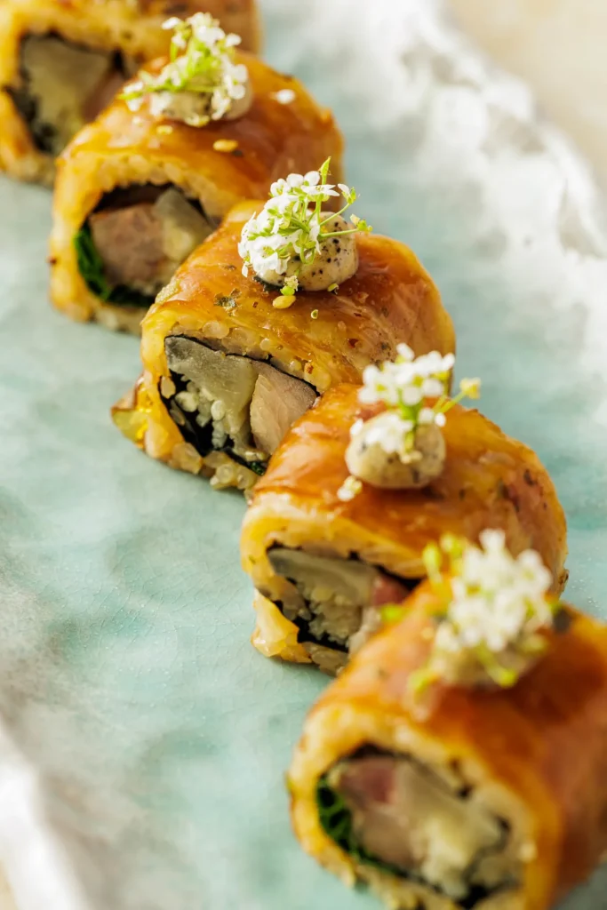 Artfully plated sushi at Aki London, showcasing premium Japanese craftsmanship of our sushi in Marylebone