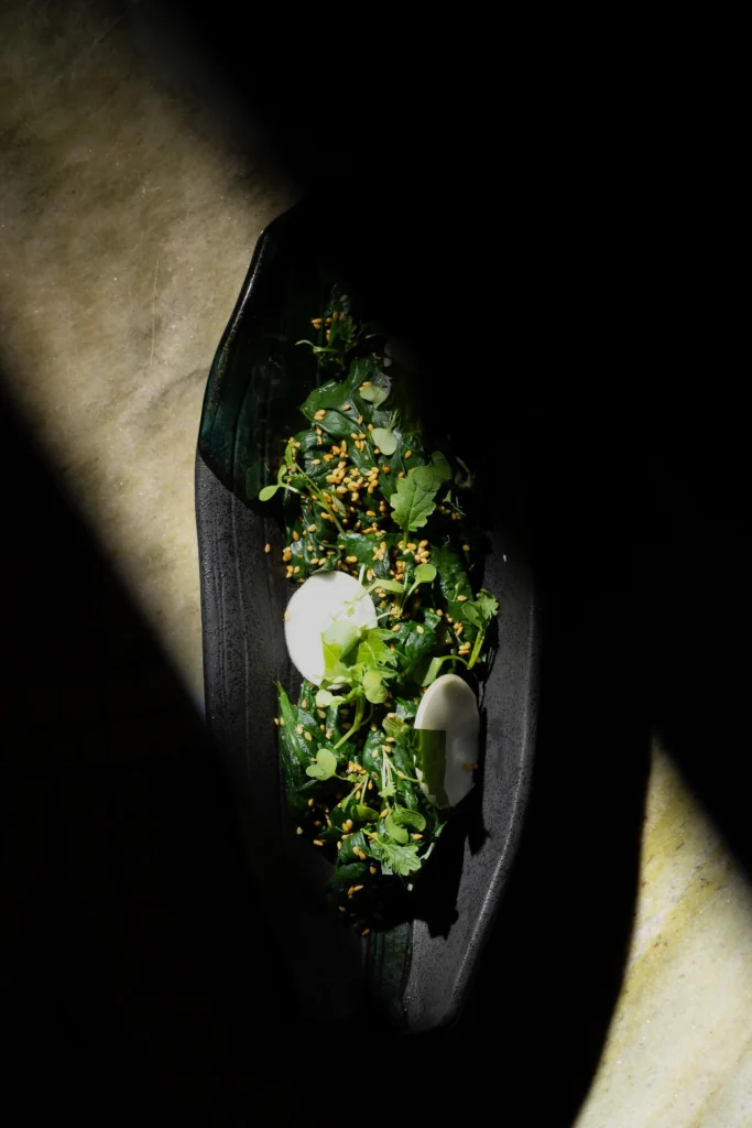Japanese spinach salad with zero-mile plants and spices grown inside Aki's 80 micro farms, a farm to table restaurant in London