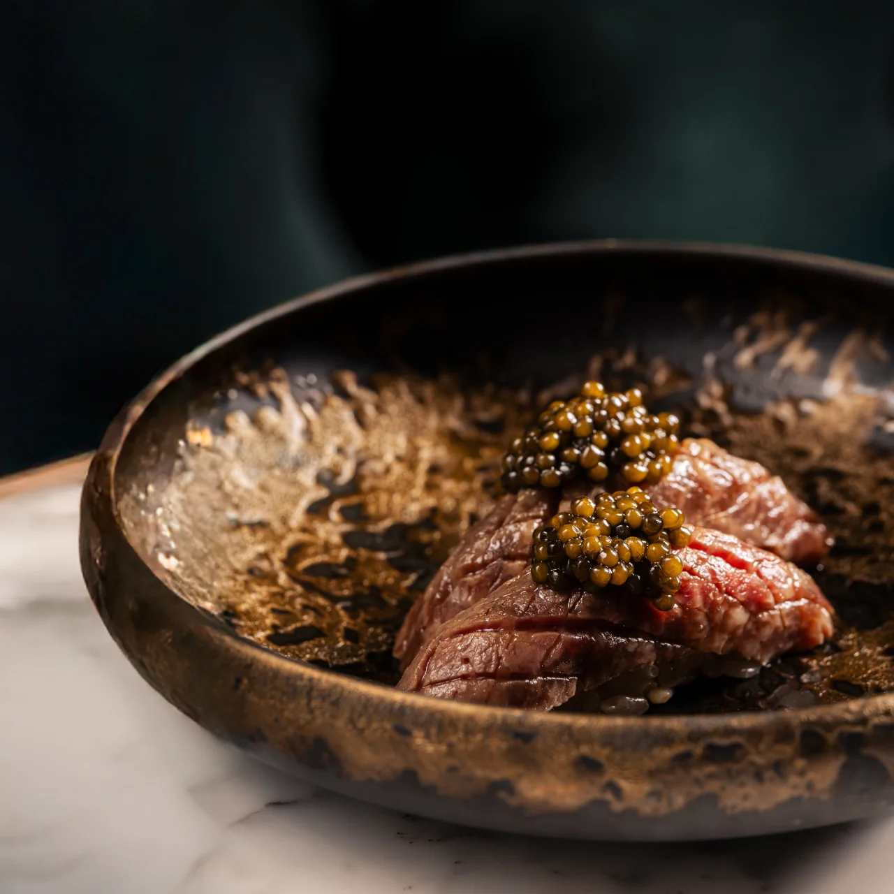 Alder-smoked wagyu nigiri topped with Oscietra caviar — Father's Day lunch special at Aki London, Marylebone
